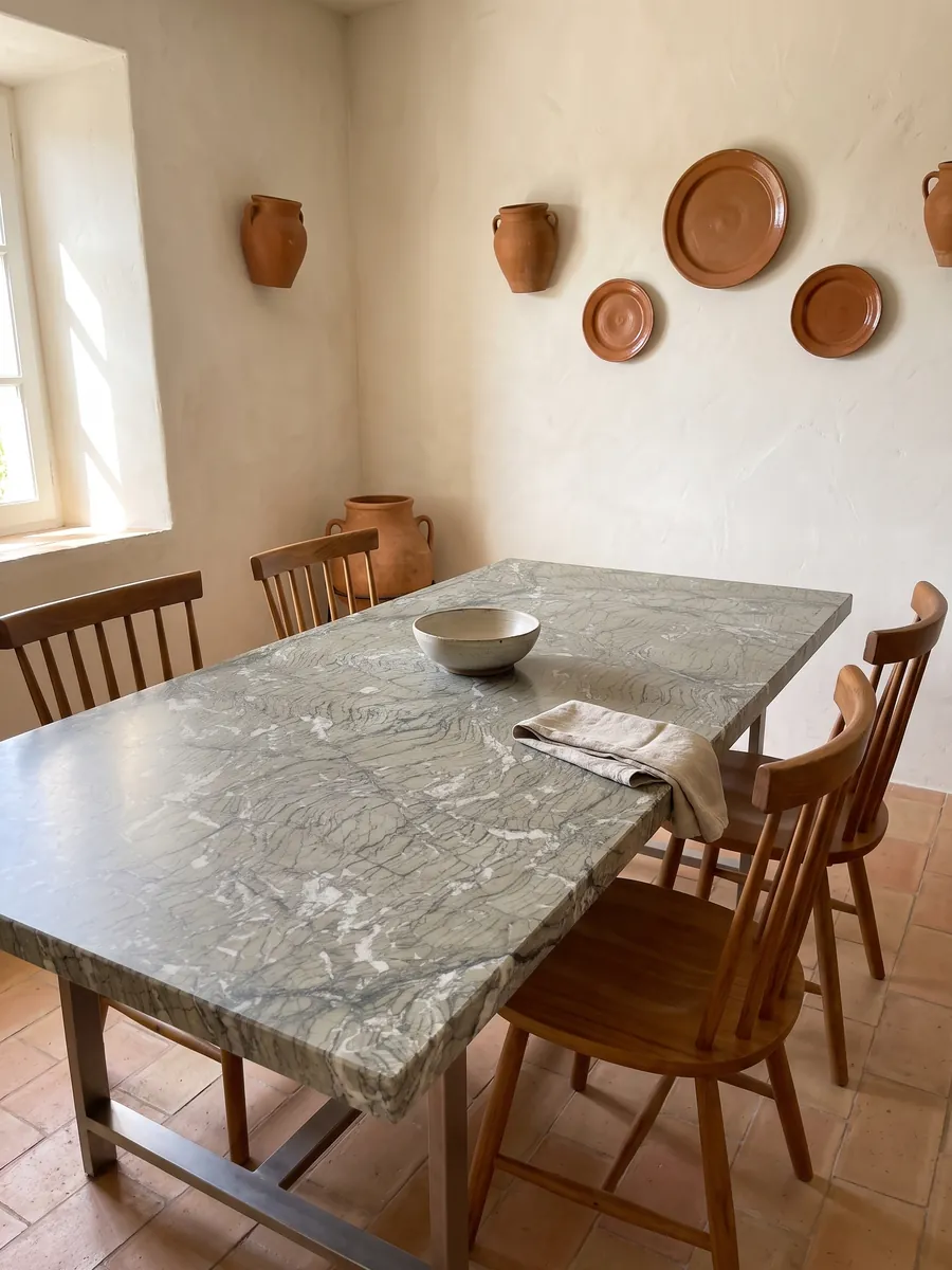 Dining table with a Verde Antigua marble top on a steel base: grayish green with fine wavy lines and small white fragments spread across it