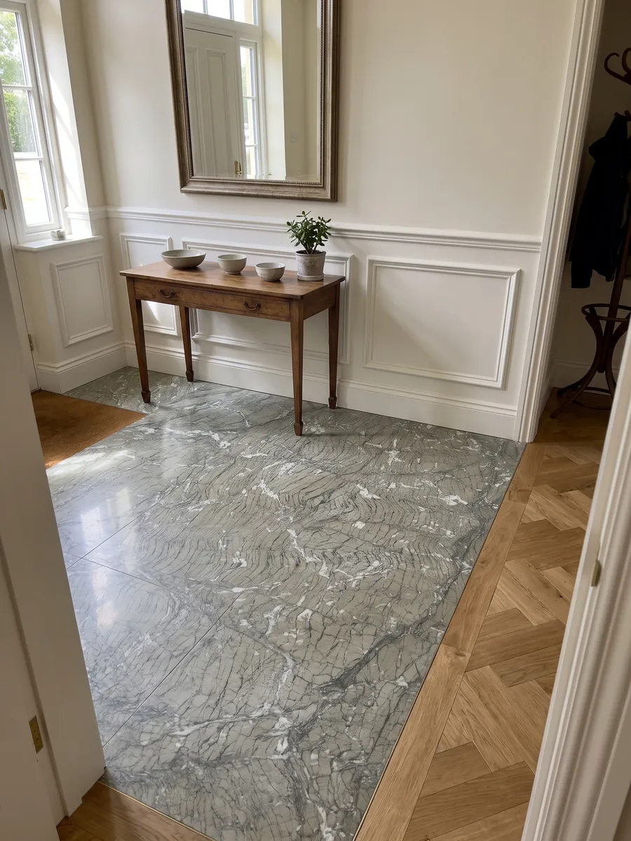 Entryway floor in large slabs of Verde Antigua marble with natural light: grayish green with fine wavy lines and small white fragments spread across it