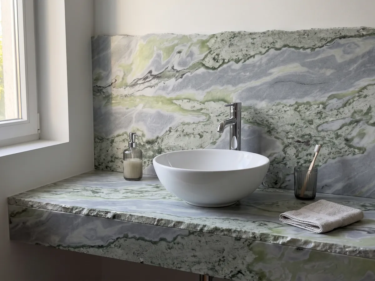 Bathroom vanity top and wall in green Bloody Mary marble with a white sink and chrome faucets: waves of sage green and lime mixed with blue-gray; no red in the photo