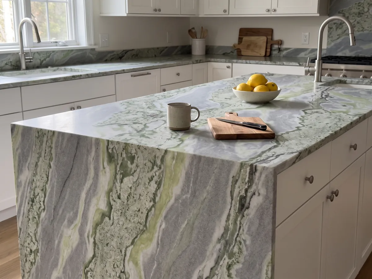 Kitchen island with a green Bloody Mary marble countertop and a straight edge in a kitchen with natural light: waves of sage green and lime mixed with blue-gray; no red visible in the photo