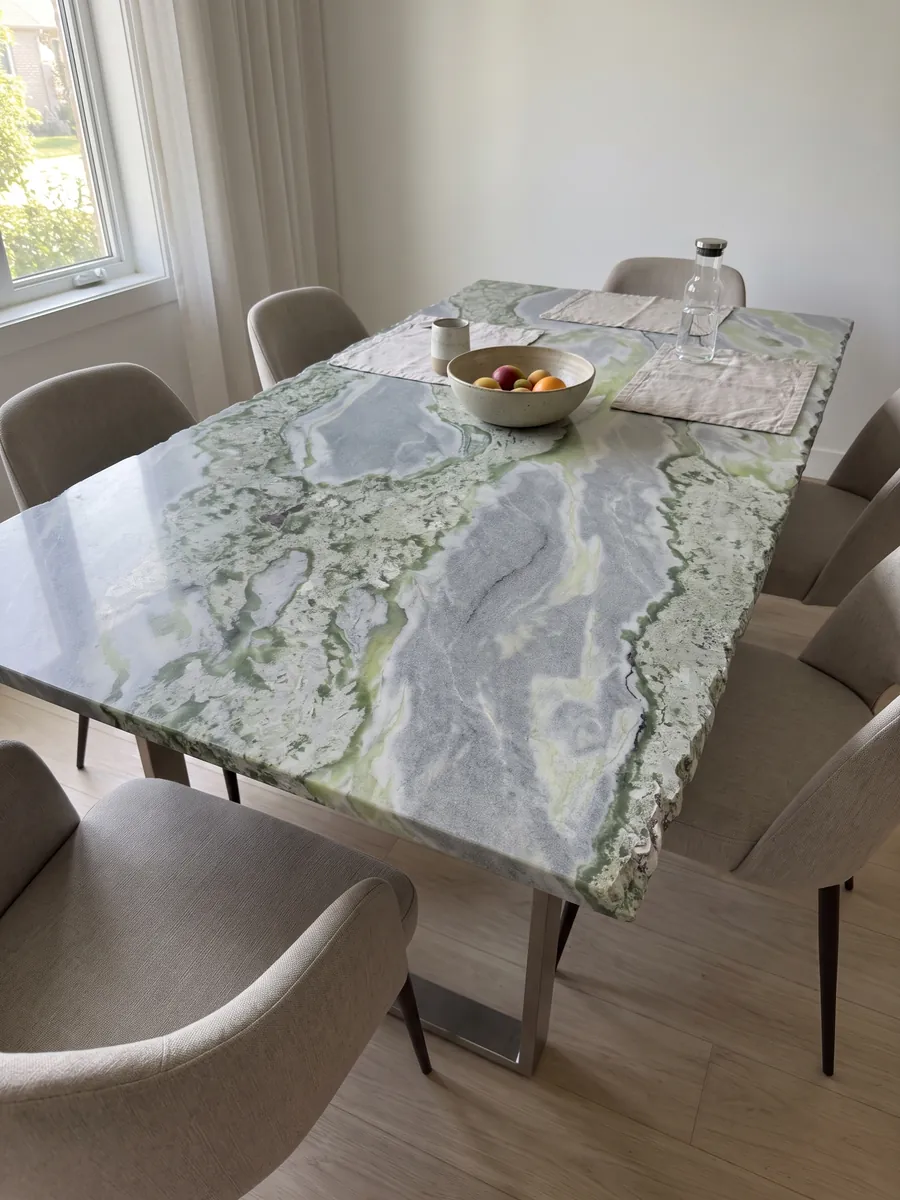 Dining table with a green Bloody Mary marble top on a steel base: waves of sage green and lime mixed with blue-gray; no red in the photo