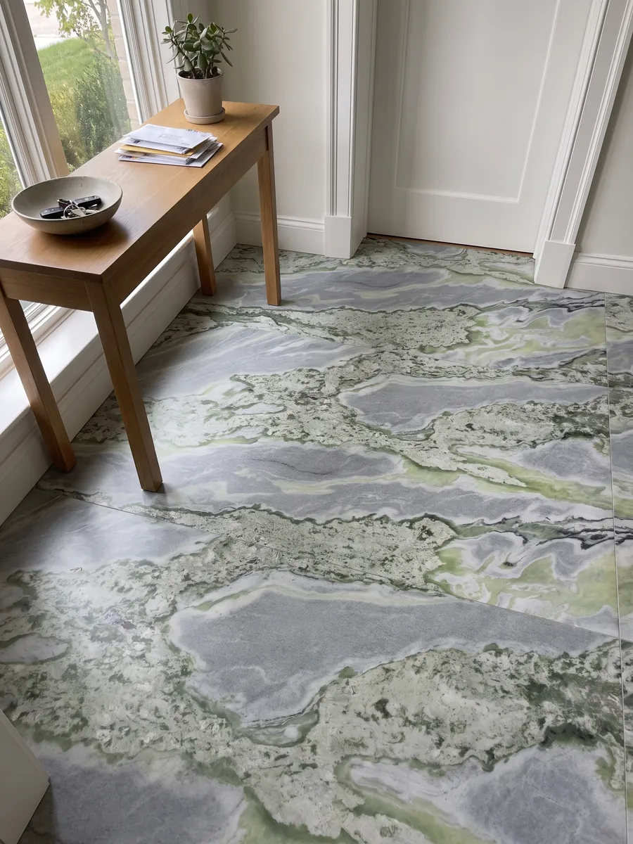 Entryway floor in large slabs of green Bloody Mary marble with natural light: waves of sage green and lime mixed with blue-gray; no red in the photo