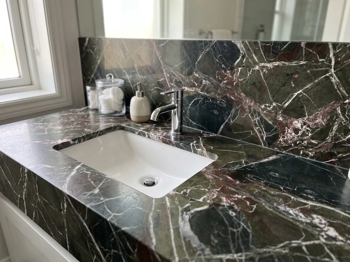 Bathroom vanity top and wall in Breccia Imperiale green marble with a white sink and chrome faucets: dark green with a web of straight white veins and small wine-red touches
