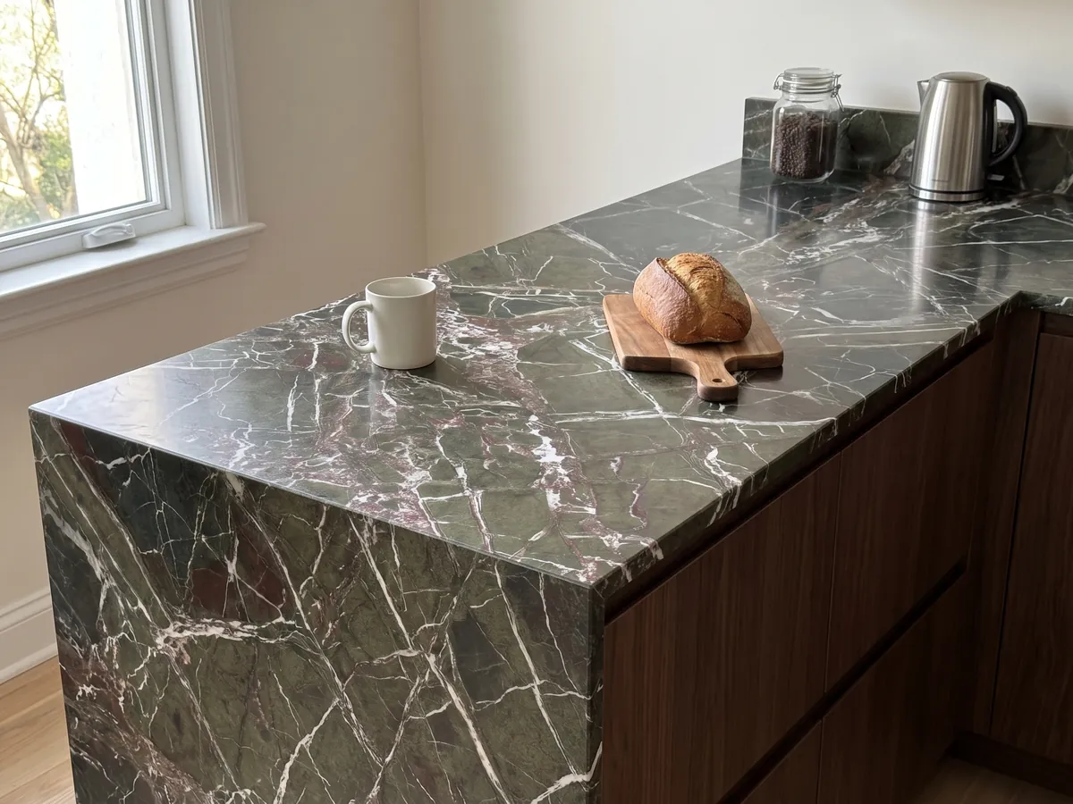 Kitchen island with a Breccia Imperiale green marble countertop and a straight edge in a kitchen with natural light: dark green with a web of straight white veins and small wine-red touches
