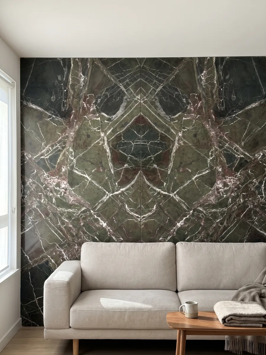 Living room wall clad in bookmatched Breccia Imperiale green marble slabs behind a sofa: dark green with a web of straight white veins and small wine-red touches
