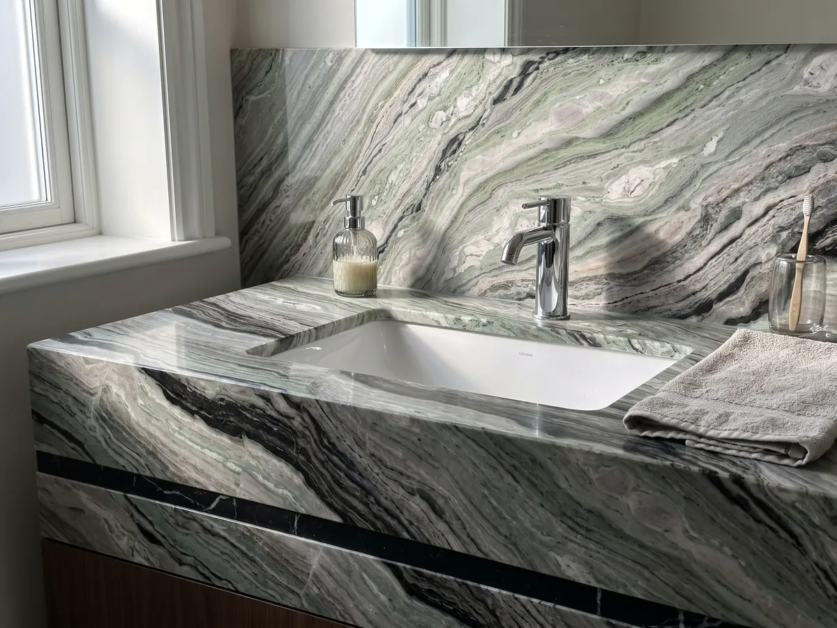 Vanity top and bathroom wall in green Camellia Green marble with a white sink and chrome fixtures: fine wavy greyish-green bands with a marked black band at the bottom