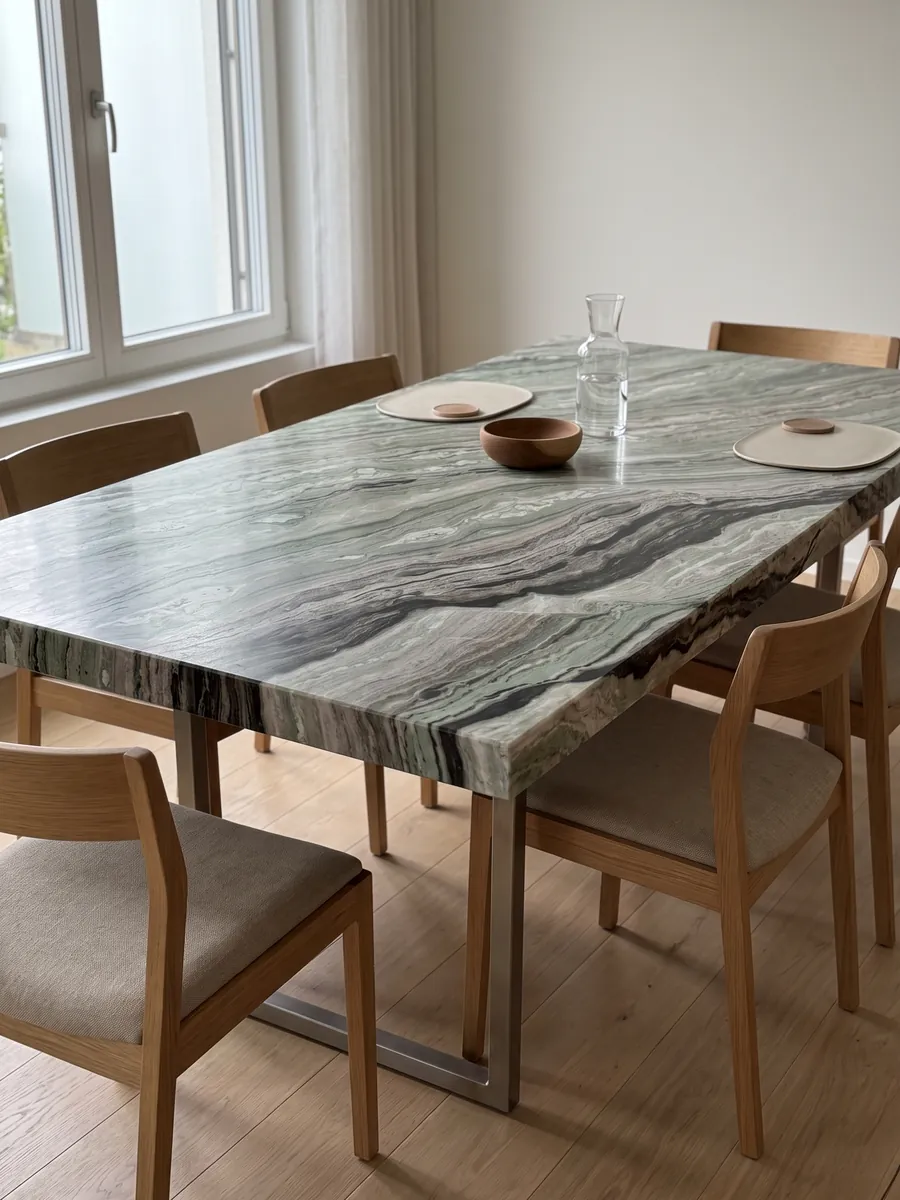 Dining table with a green Camellia Green marble top on a steel base: fine wavy greyish-green bands with a marked black band at the bottom