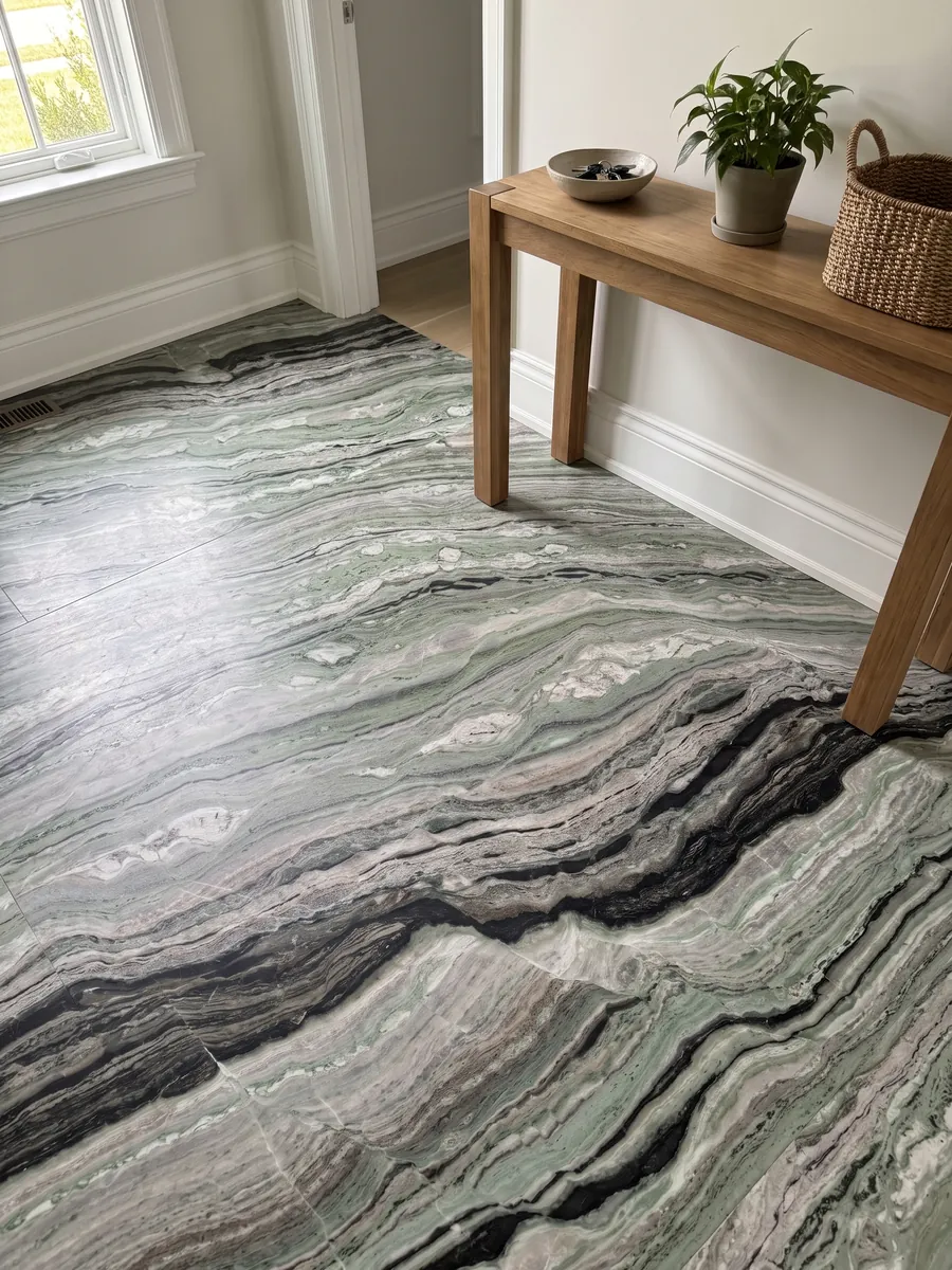 Entryway floor in large slabs of green Camellia Green marble with natural light: fine wavy greyish-green bands with a marked black band at the bottom