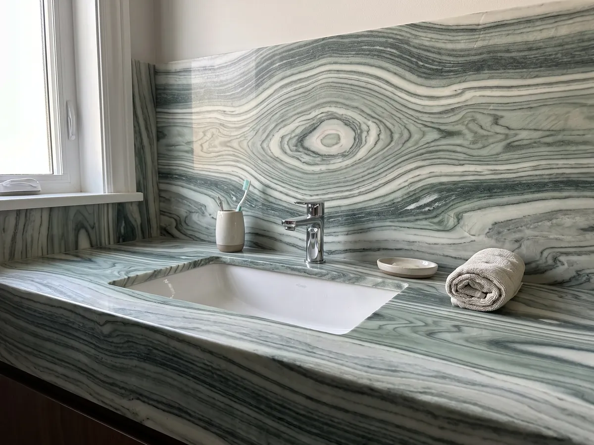 Vanity top and bathroom wall in green Cipollino marble with a white sink and chrome faucets: wavy dark and light green bands forming an eye shape at the center
