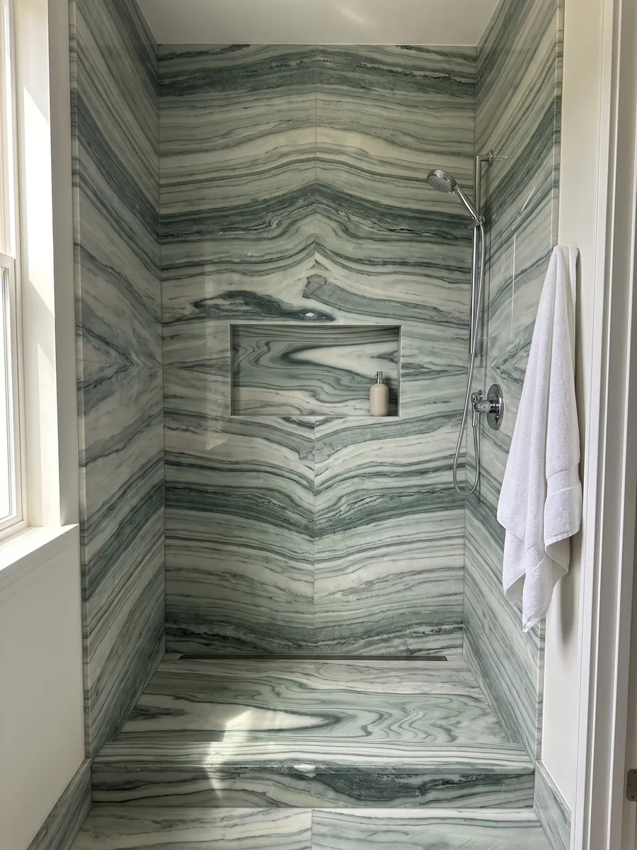 Shower clad in full green Cipollino marble slabs with a recessed niche: wavy dark and light green bands forming an eye shape at the center