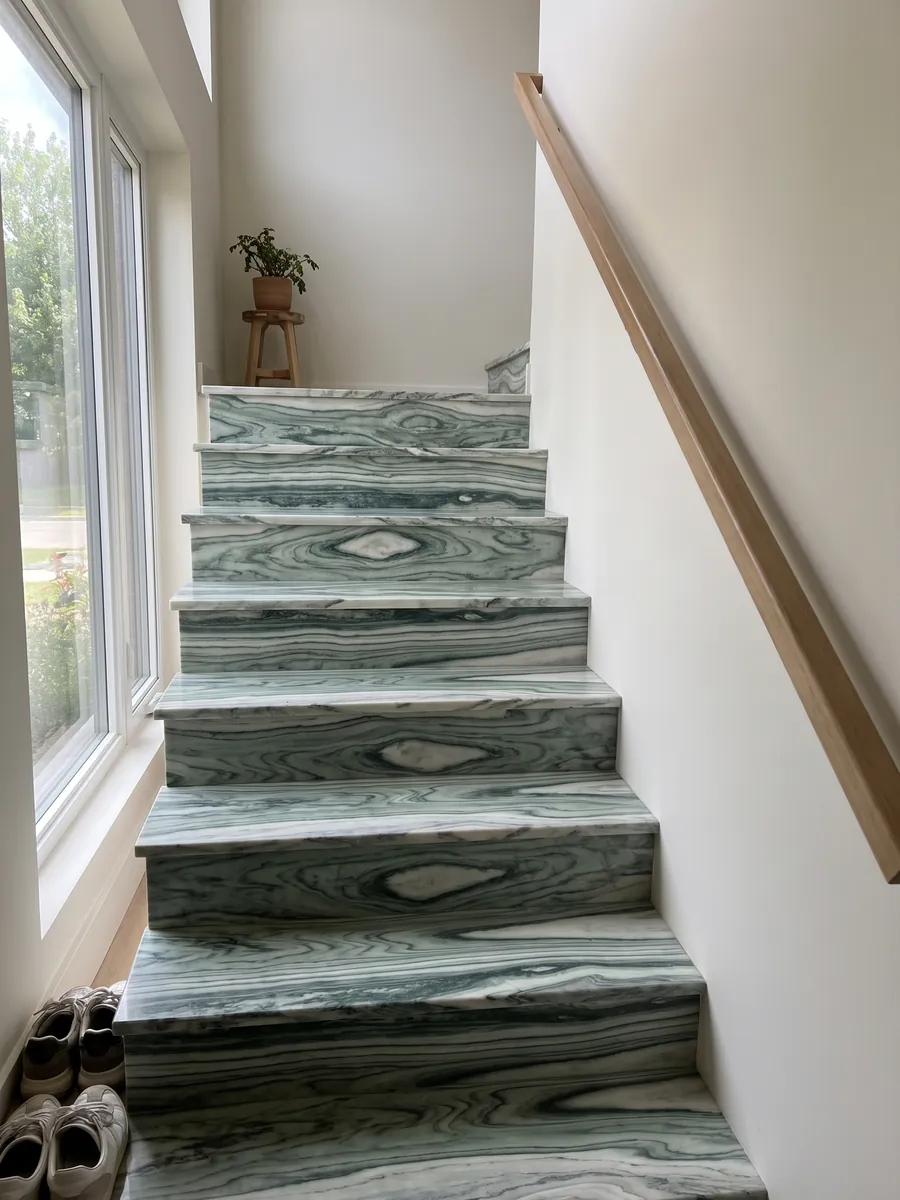 Interior staircase with green Cipollino marble treads and a handrail: wavy dark and light green bands forming an eye shape at the center