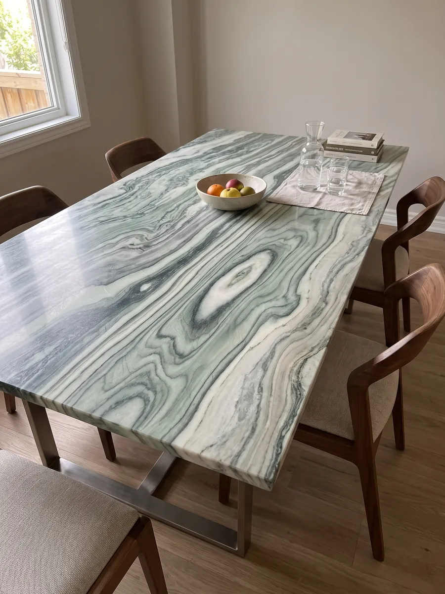 Dining table with a green Cipollino marble top on a steel base: wavy dark and light green bands forming an eye shape at the center