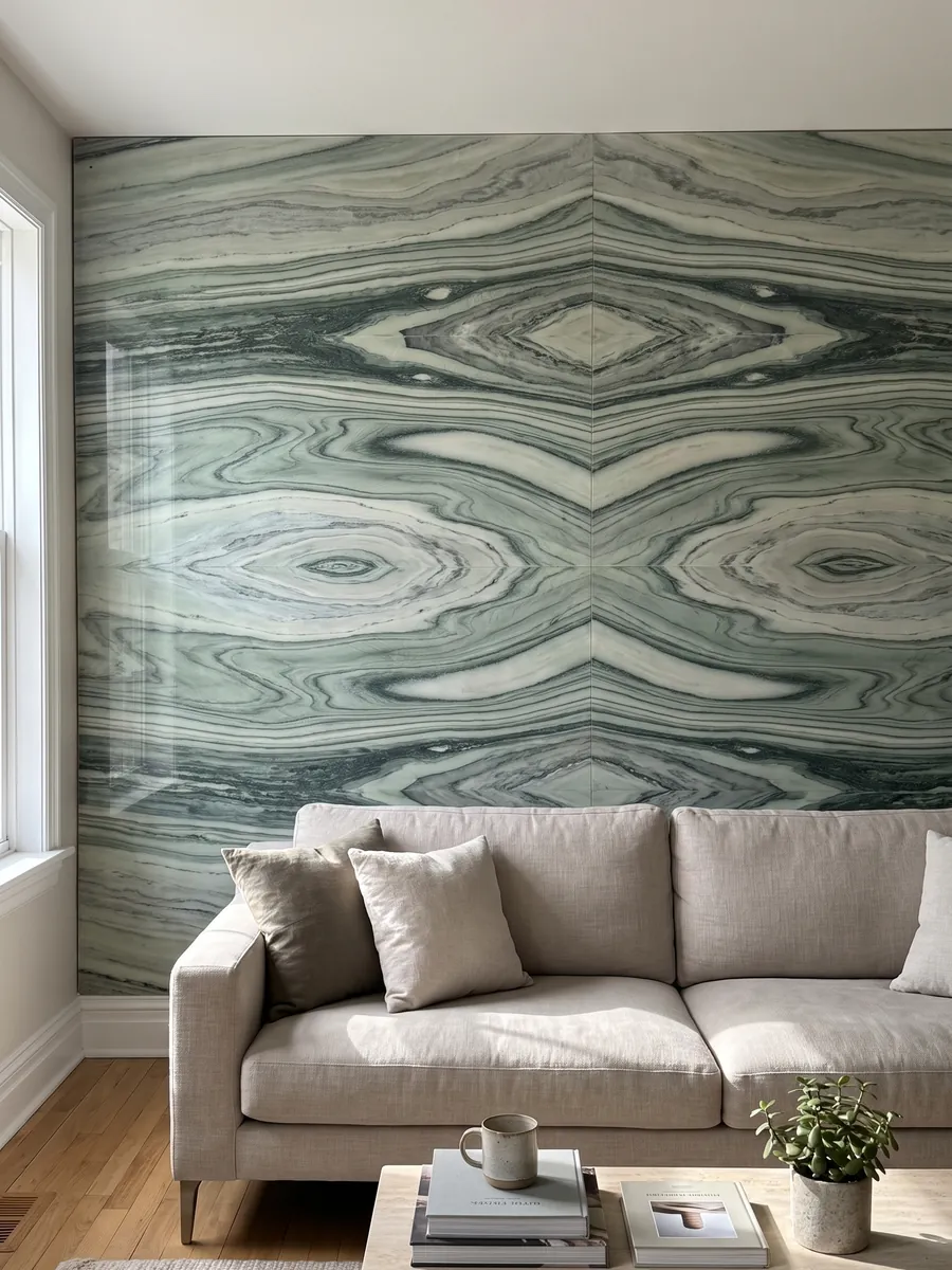 Living room wall clad in bookmatched green Cipollino marble slabs behind a sofa: wavy dark and light green bands forming an eye shape at the center