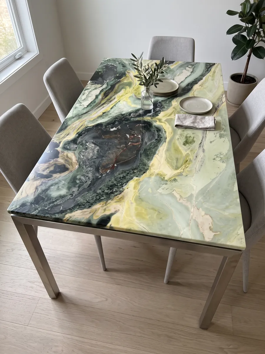 Dining table with a green Dream Green marble top on a steel base: dark green and lime yellow waves with a very dark central area