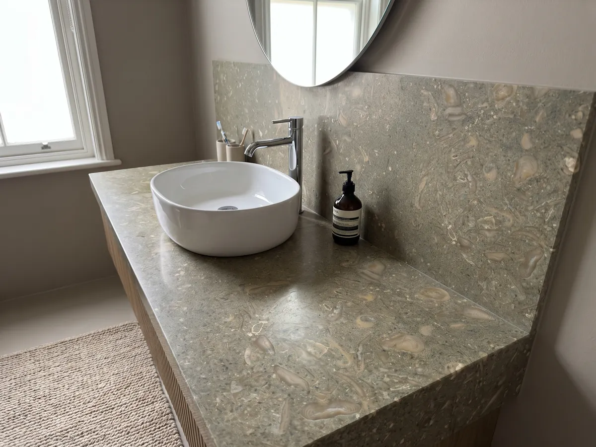Vanity top and bathroom wall in green Fossil Green marble with a white sink and chrome faucet: speckled olive green with fossil shell silhouettes in a lighter tone