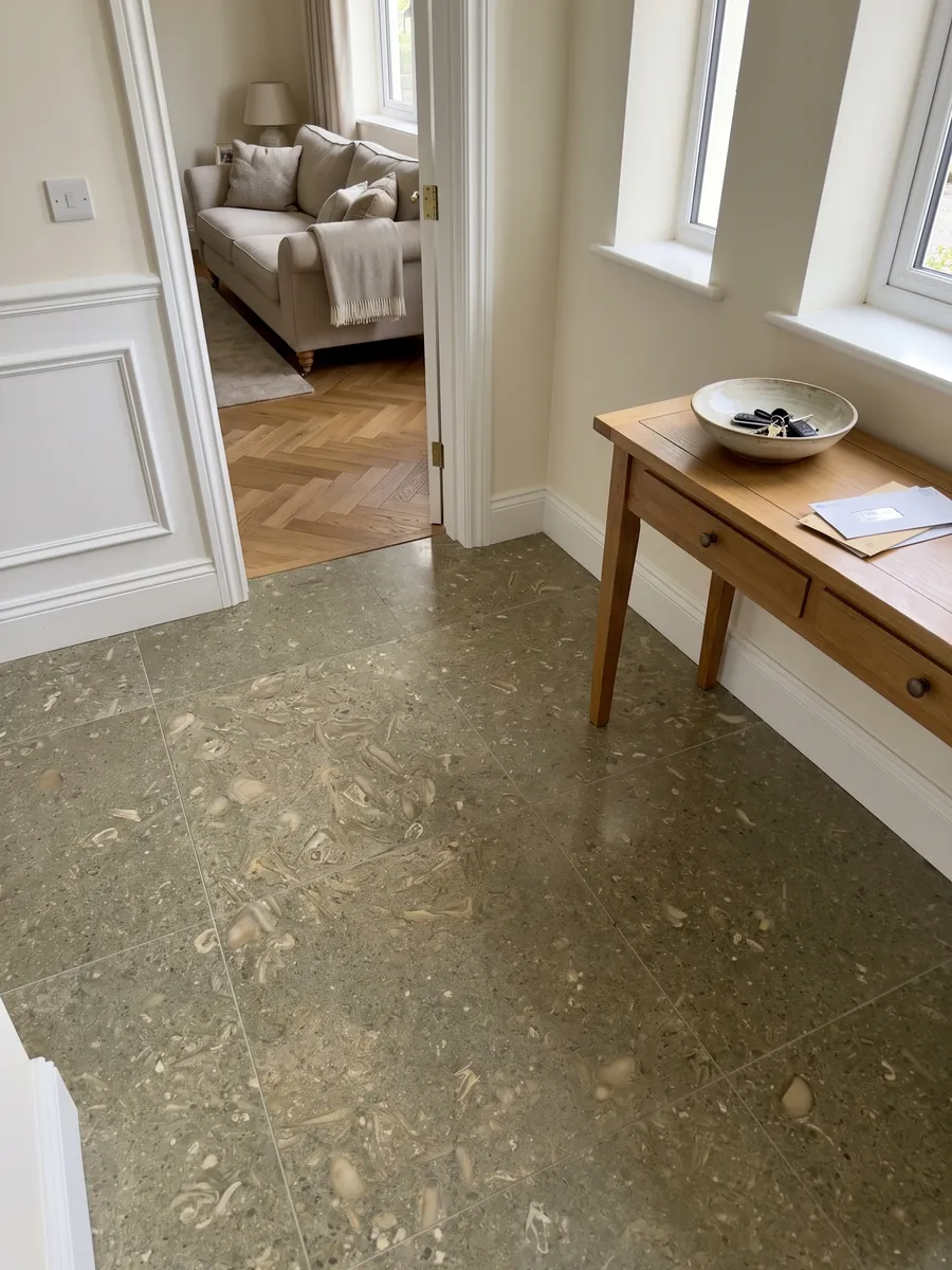 Entryway floor in large slabs of green Fossil Green marble with natural light: speckled olive green with fossil shell silhouettes in a lighter tone