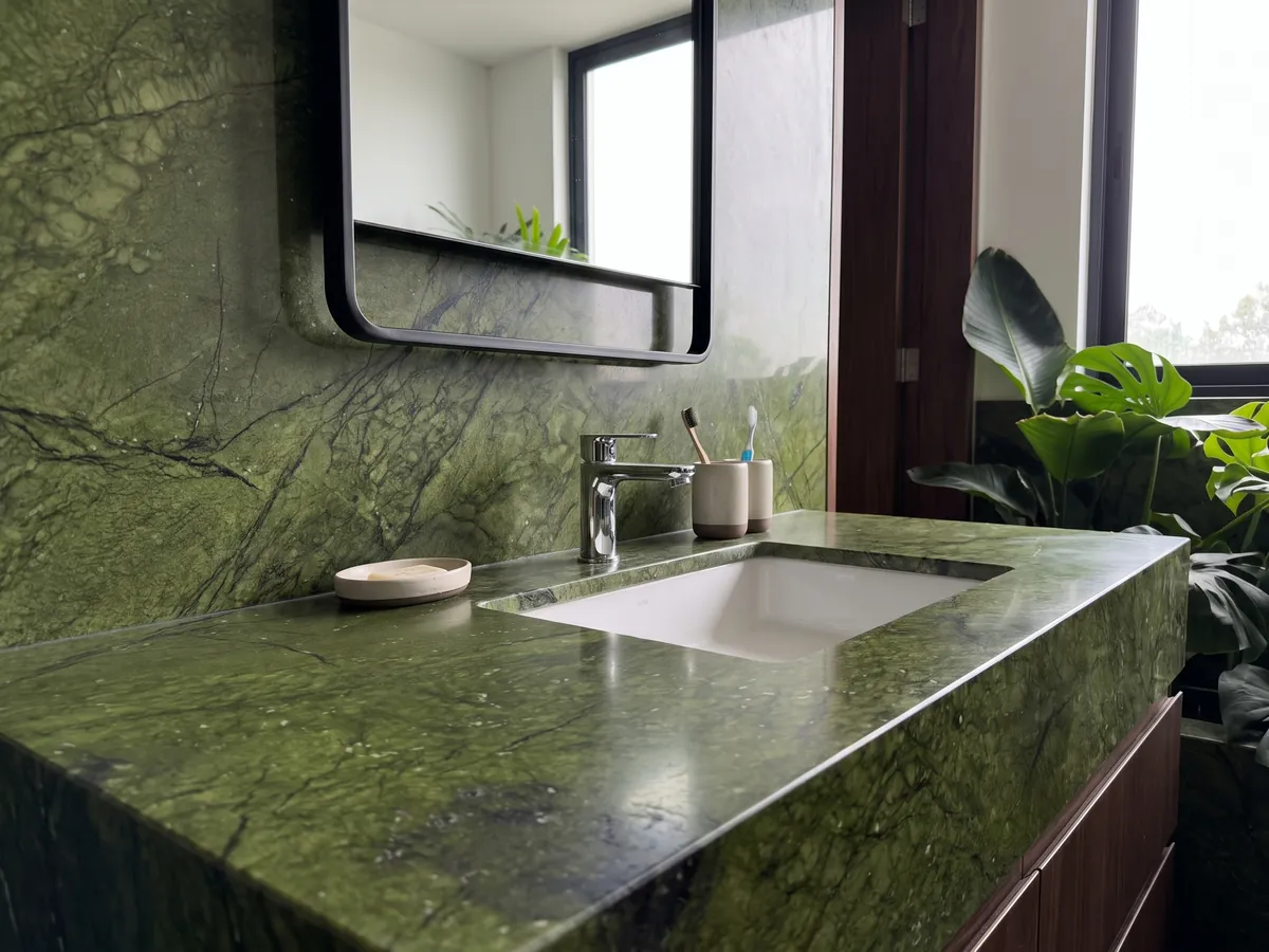 Vanity top and bathroom wall in Verde Giada marble with a white sink and chrome fixtures: intense olive green with tonal clouds and fine dark cracks; a dark blotch at the lower left