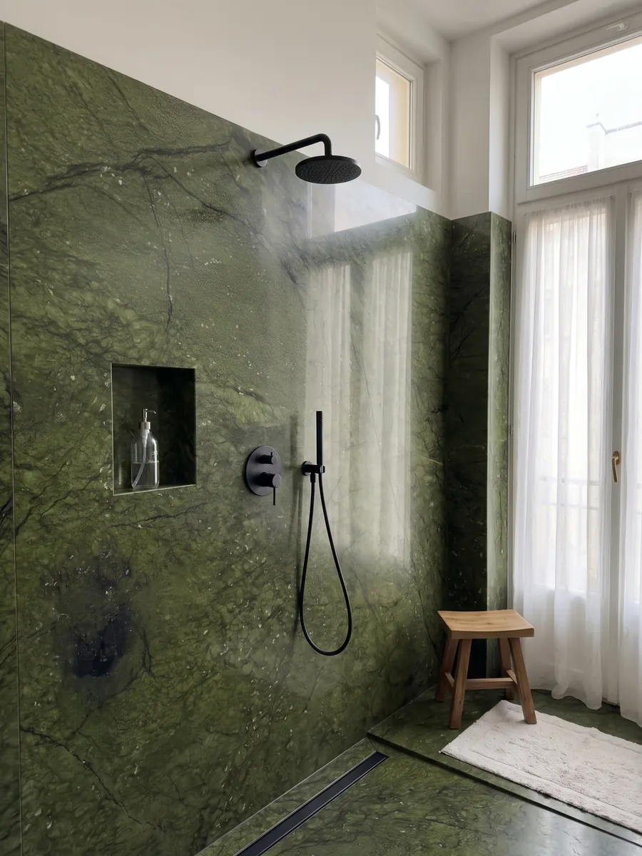 Shower clad in full Verde Giada marble slabs with a recessed niche: intense olive green with tonal clouds and fine dark cracks; a dark blotch at the lower left