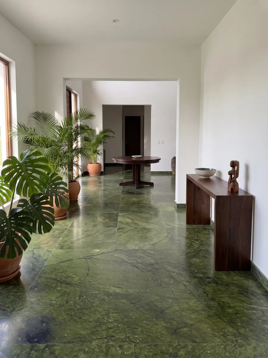 Entryway floor in large Verde Giada marble slabs with natural light: intense olive green with tonal clouds and fine dark cracks; a dark blotch at the lower left