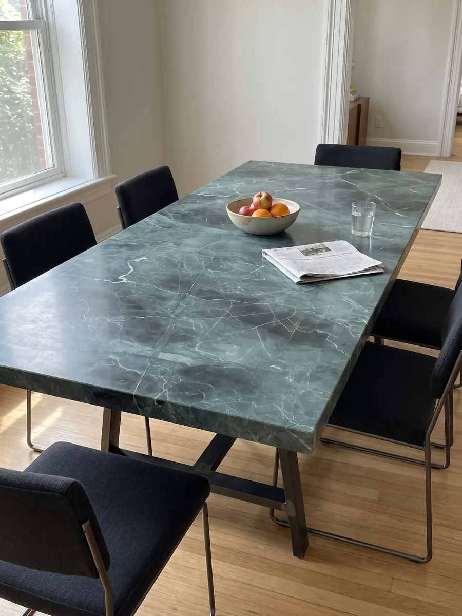 Dining table with a Green Algae green marble top on a steel base: teal with darker clouds and a network of fine white veins