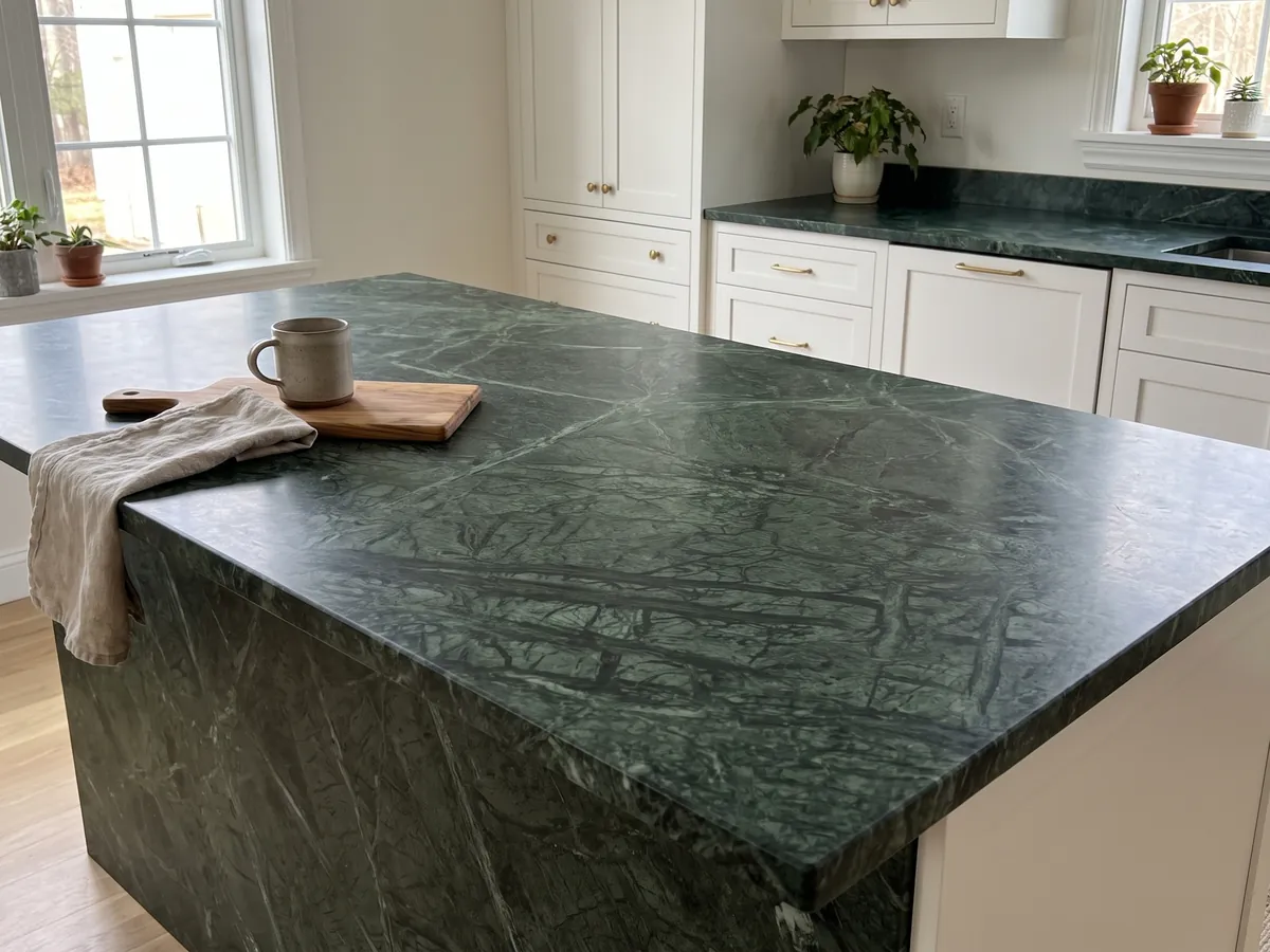 Kitchen island with a Verde Guatemala marble countertop and a straight edge in a kitchen with natural light: forest green with a mesh of lighter veins crossing on the diagonal
