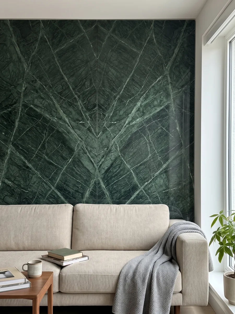 Living room wall clad in bookmatched Verde Guatemala marble slabs behind a sofa: forest green with a mesh of lighter veins crossing diagonally