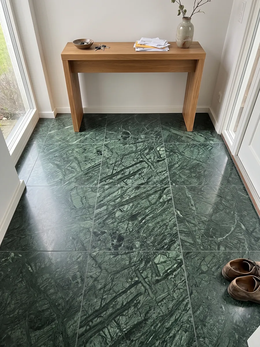 Entryway floor in large Verde Guatemala marble slabs with natural light: forest green with a mesh of lighter veins crossing diagonally