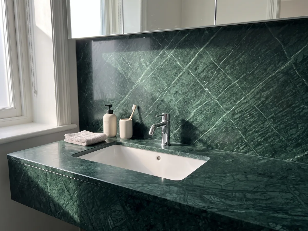 Vanity top and bathroom wall in Verde Imperiale marble with a white sink and chrome fixtures: deep petrol green with fine lighter veins crossing diagonally