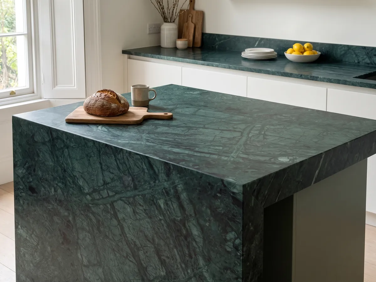 Kitchen island with a Verde Imperiale marble countertop and a straight edge in a kitchen with natural light: deep petrol green with fine lighter veins crossing on the diagonal