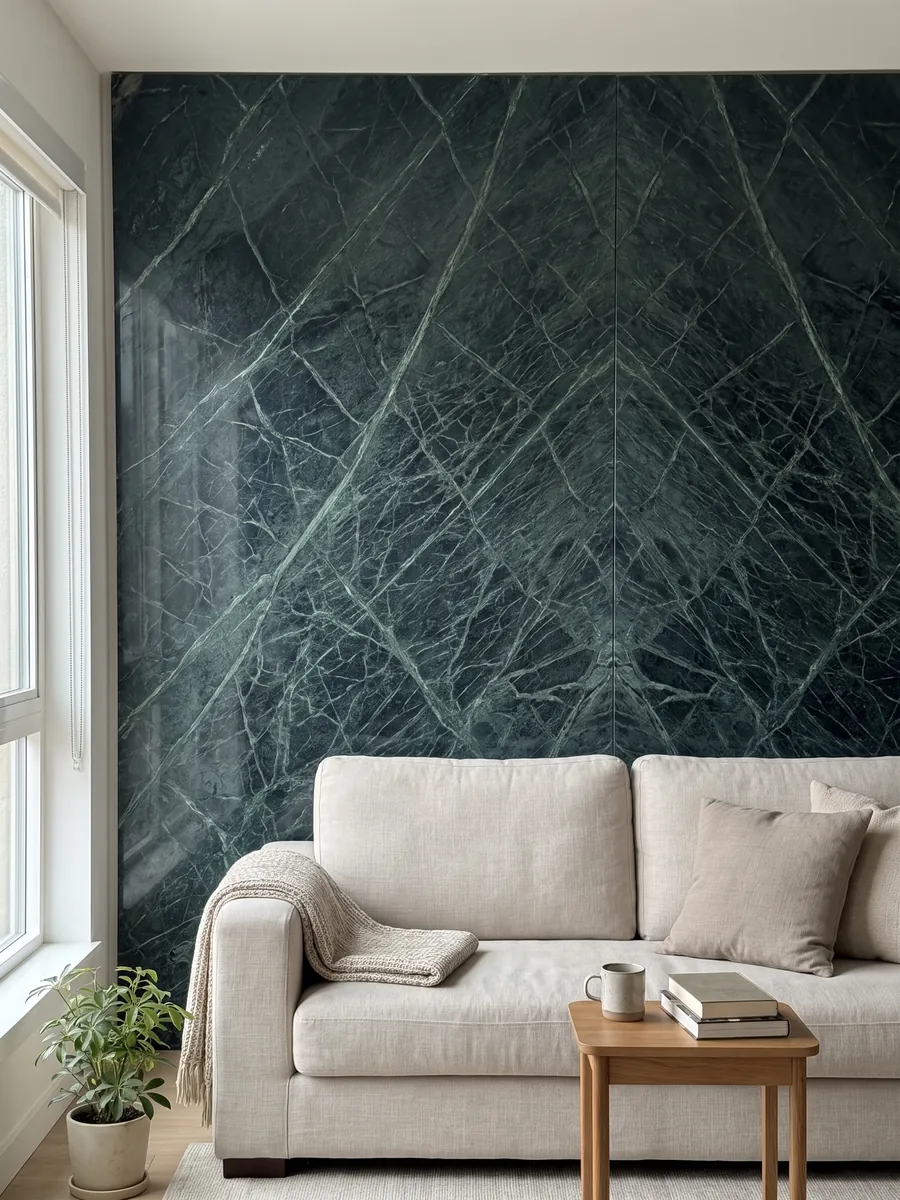 Living room wall clad with bookmatched Verde Imperiale marble slabs behind a sofa: deep petrol green with fine lighter veins crossing on the diagonal