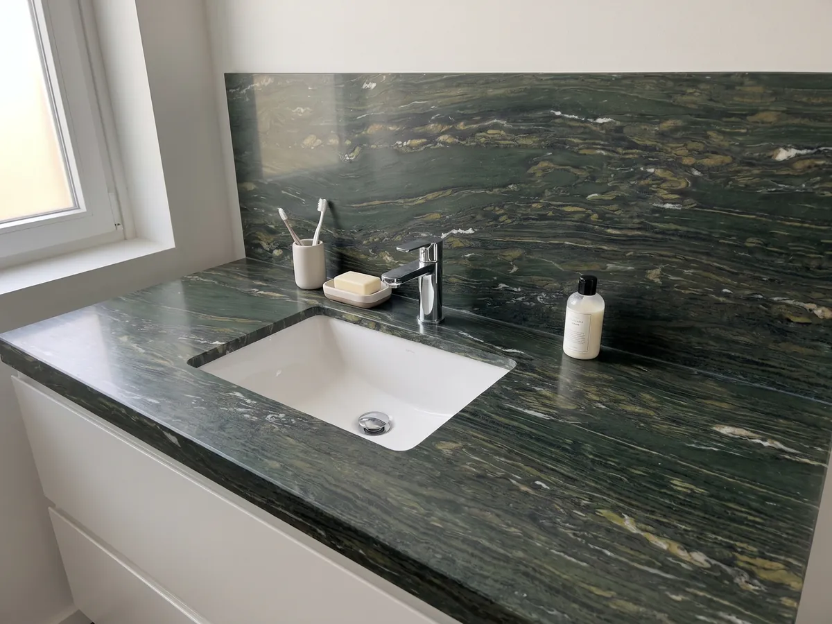 Vanity top and bathroom wall in Verde Pavone marble with a white sink and chrome fixtures: deep green with golden and white strokes flowing horizontally