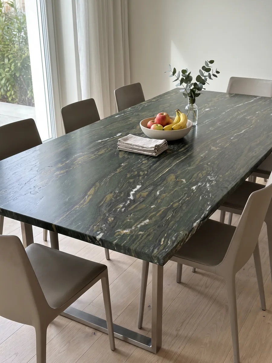 Dining table with a Verde Pavone marble top on a steel base: deep green with golden and white strokes flowing horizontally