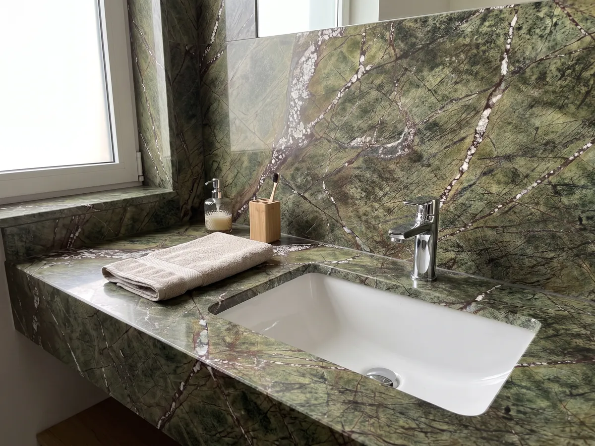 Vanity top and bathroom wall in green Picasso Green marble with a white sink and chrome fixtures: olive green with a network of reddish veins and white diagonal veins