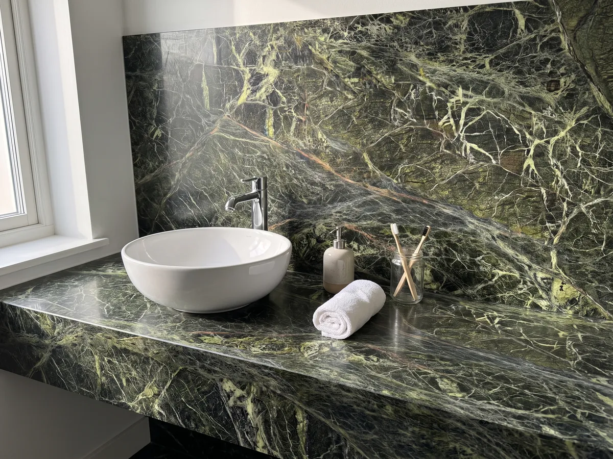 Vanity top and bathroom wall in Rainforest Green marble with a white sink and chrome fixtures: dark green covered by a dense web of yellow-green veins