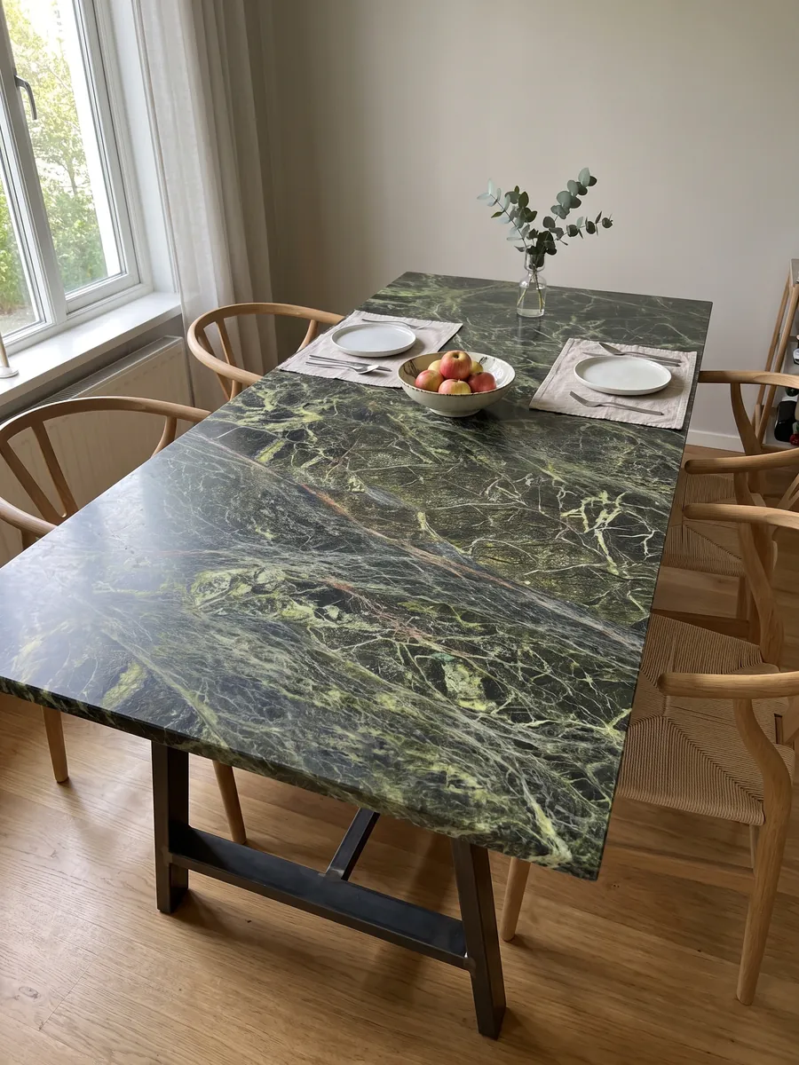 Dining table with a Rainforest Green marble top on a steel base: dark green covered by a dense web of yellow-green veins