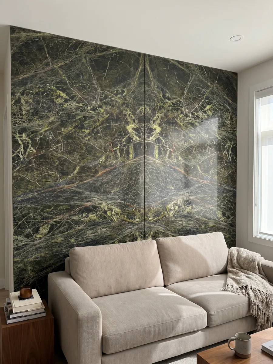 Living room wall clad with bookmatched Rainforest Green marble slabs behind a sofa: dark green covered by a dense web of yellow-green veins