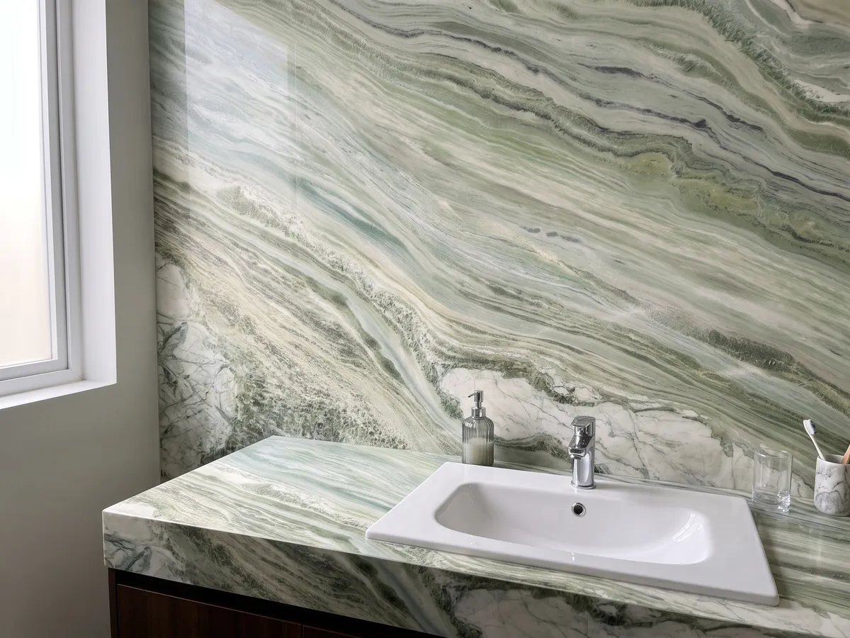 Vanity top and bathroom wall in Sequoia Green green marble with a white sink and chrome faucets: wavy bands of light green, white and gray flowing diagonally