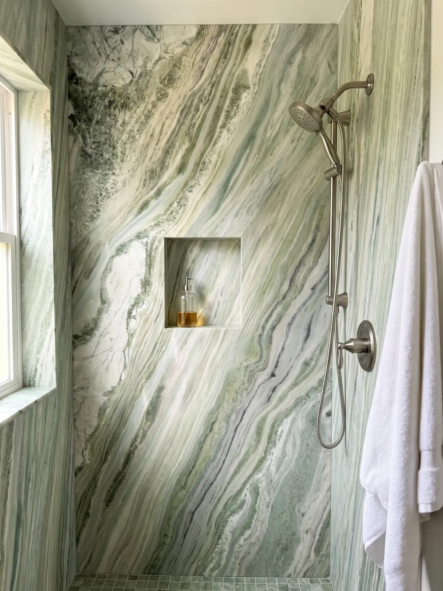 Shower clad in full slabs of Sequoia Green green marble with a recessed niche: wavy bands of light green, white and gray flowing diagonally