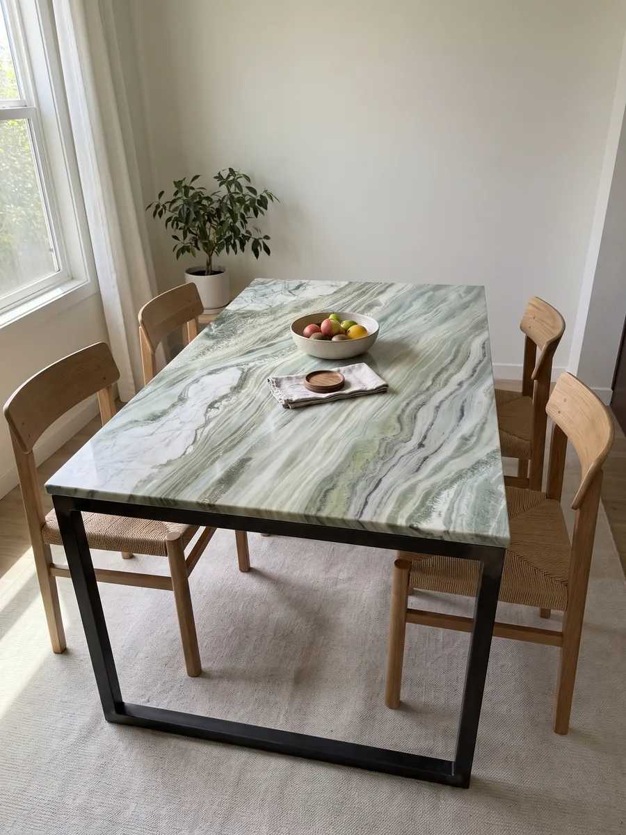 Dining table with a Sequoia Green green marble top on a steel base: wavy bands of light green, white and gray flowing diagonally
