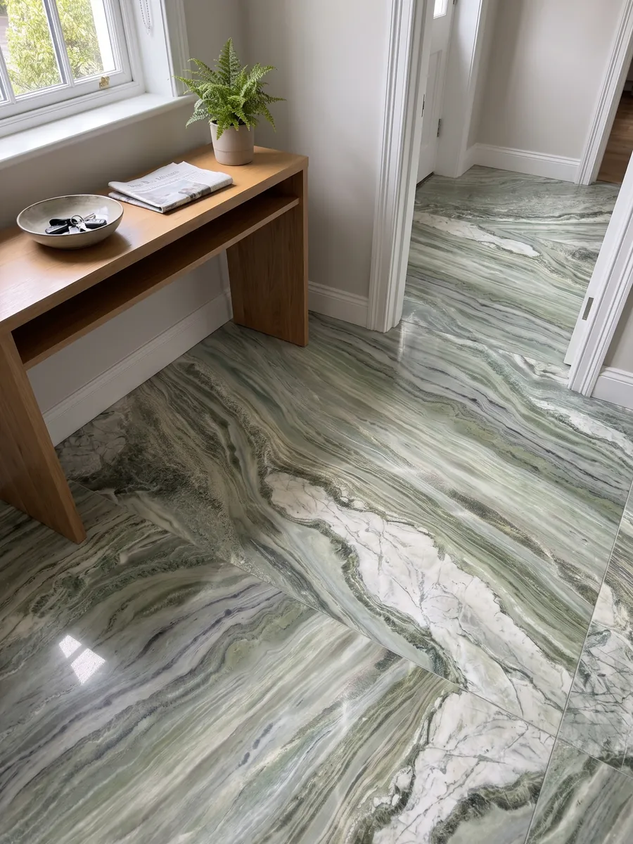 Entryway floor in large slabs of Sequoia Green green marble with natural light: wavy bands of light green, white and gray flowing diagonally