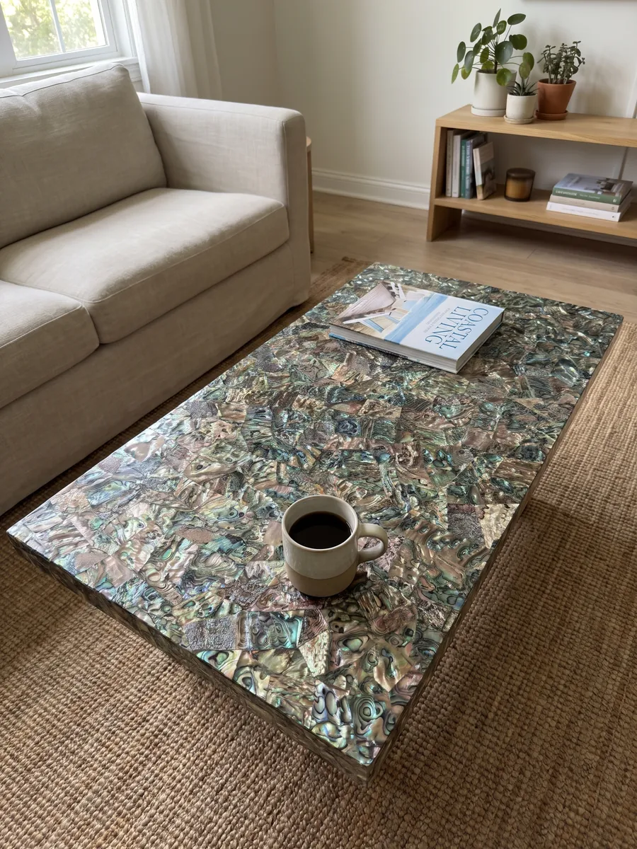 Coffee table with an abalone mother of pearl top in a living room: a tight mosaic of iridescent shell in greens, blues and browns
