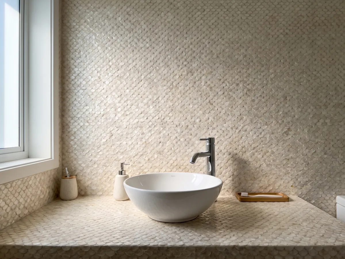 Vanity top and bathroom wall in capiz shell mother of pearl with a white sink and chrome fixtures: creamy white made of small rounded pieces that look like scales