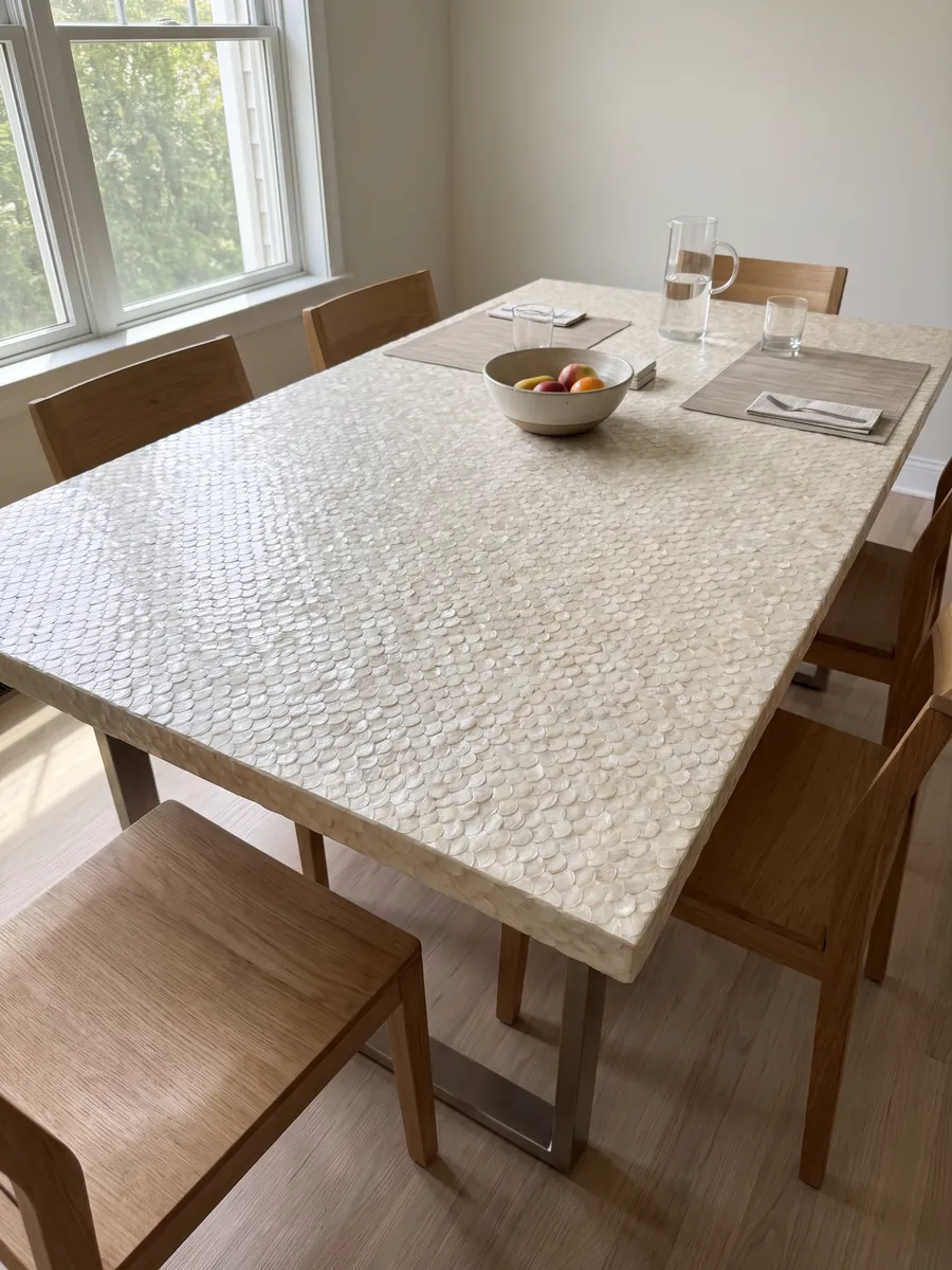 Dining table with a capiz shell mother of pearl top on a steel base: creamy white made of small rounded pieces that look like scales