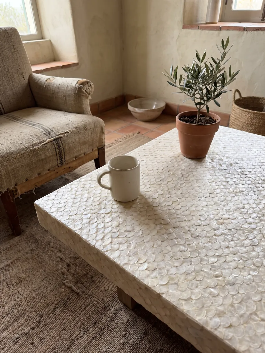Coffee table with a capiz shell mother of pearl top in a living room: creamy white made of small rounded pieces that look like scales