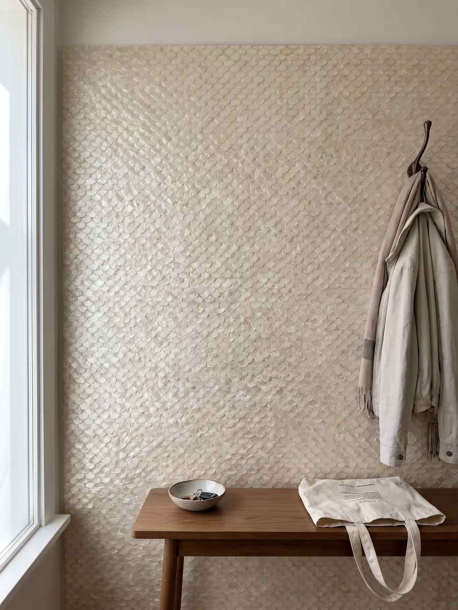 Entryway wall clad in capiz shell mother of pearl with a narrow console: creamy white made of small rounded pieces that look like scales