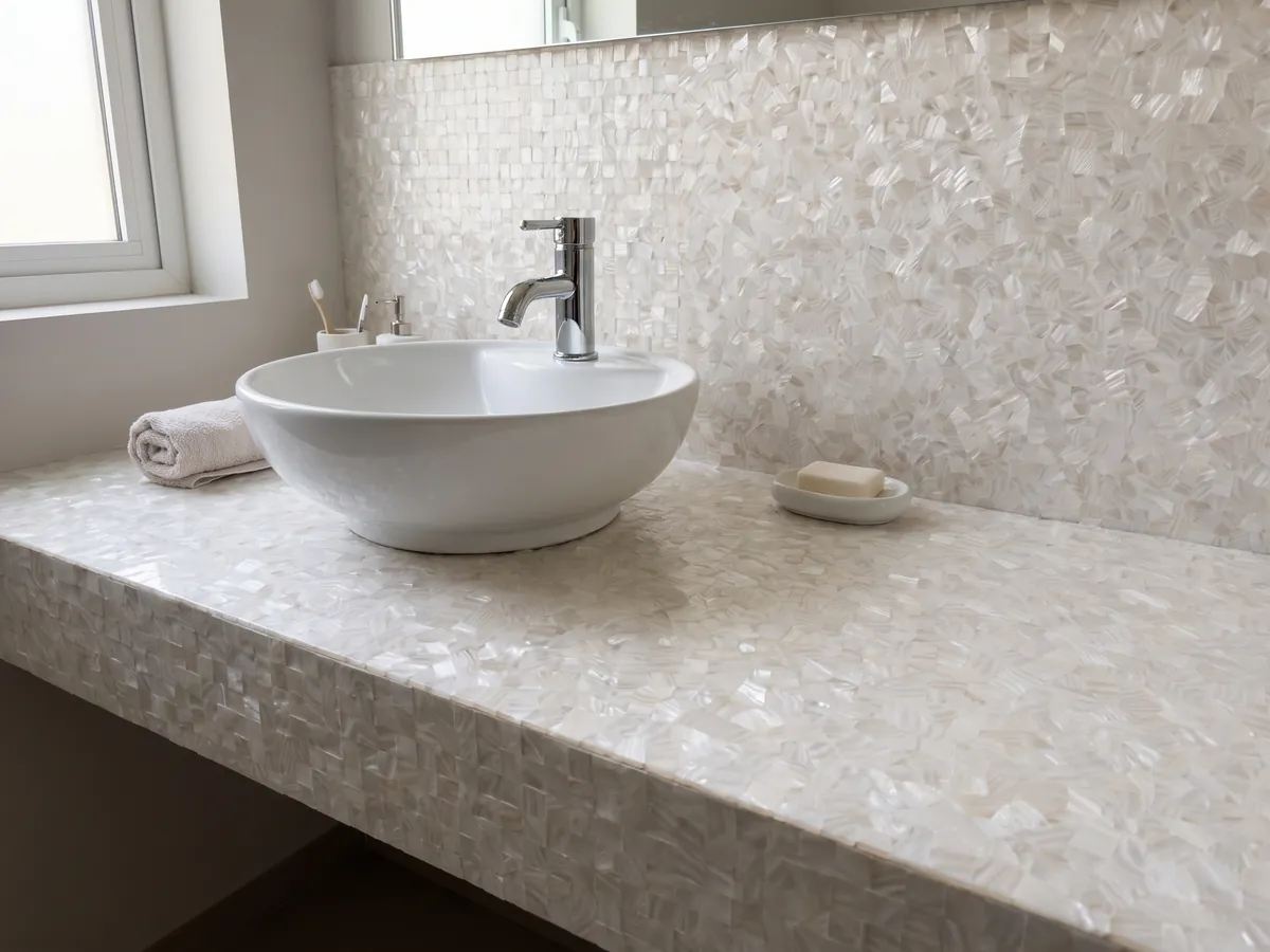 Vanity top and bathroom wall in freshwater shell mother of pearl with a white sink and chrome fixtures: an almost uniform pearly white with very small mother-of-pearl pieces