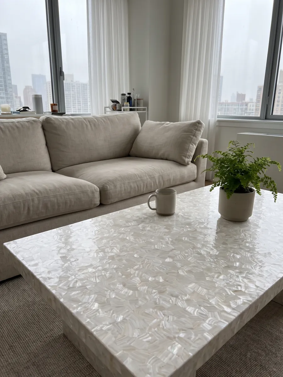 Coffee table with a freshwater shell mother of pearl top in a living room: an almost uniform pearly white with very small mother-of-pearl pieces