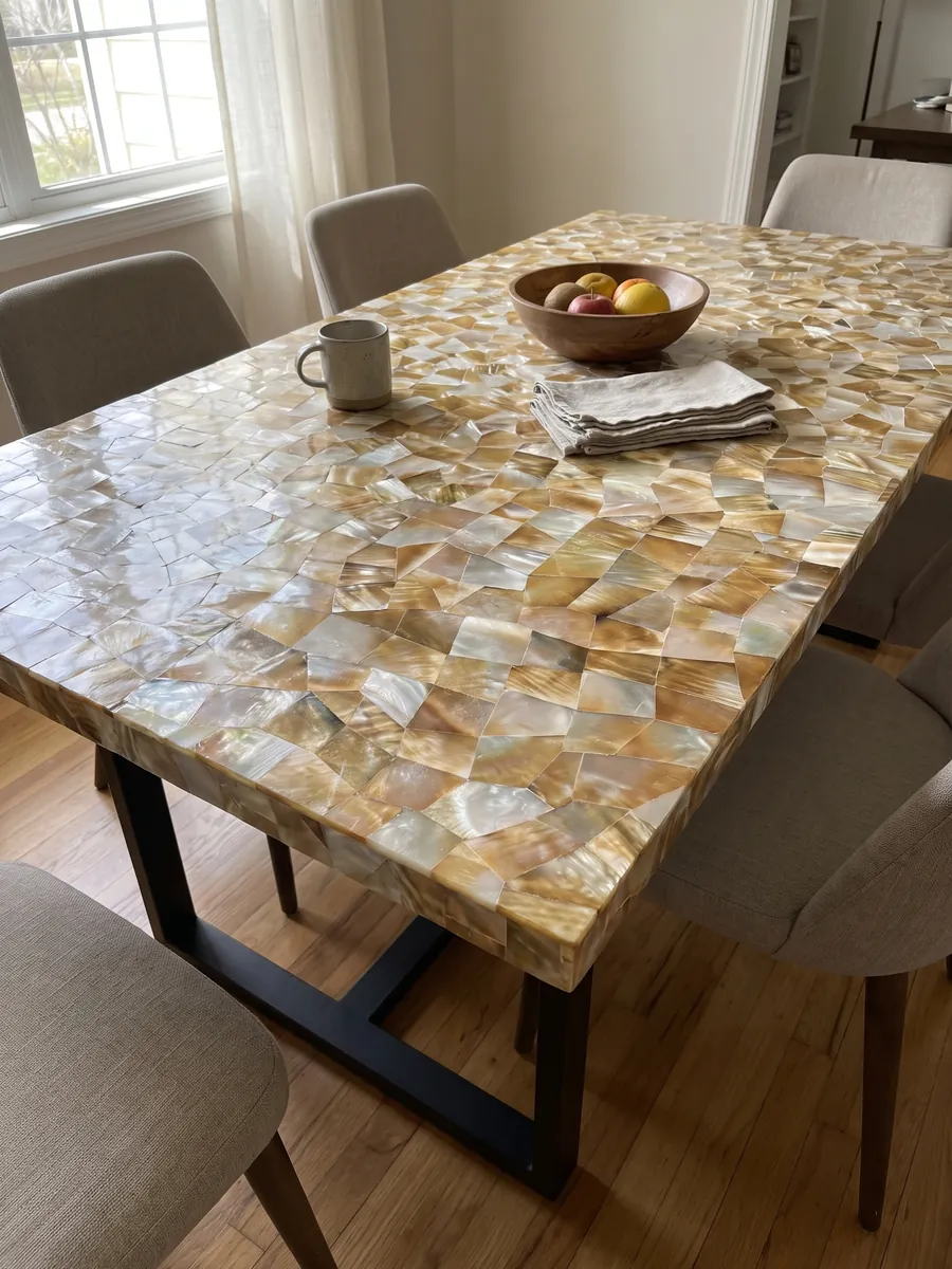 Dining table with a golden shell mother of pearl top on a steel base: a mosaic of golden and white mother of pearl with iridescent highlights