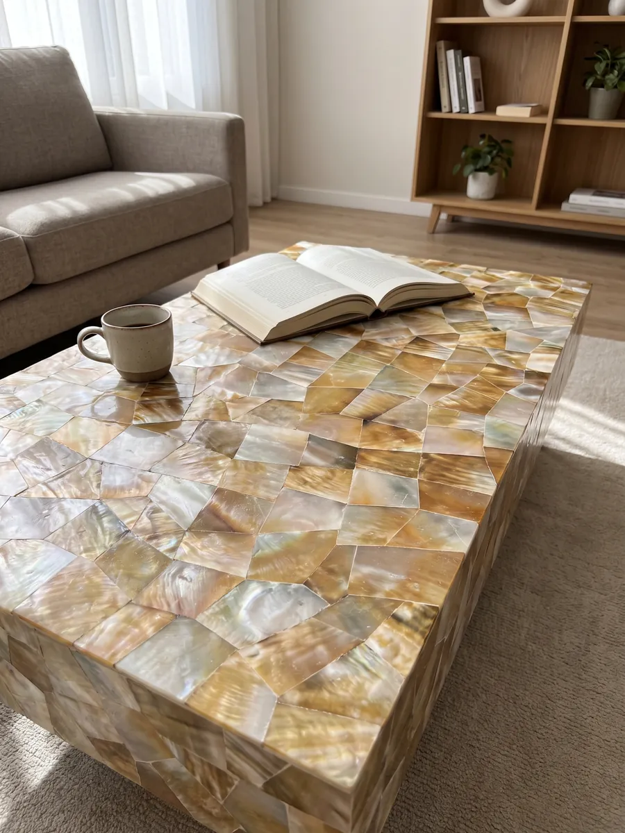 Coffee table with a golden shell mother of pearl top in a living room: a mosaic of golden and white mother of pearl with iridescent highlights