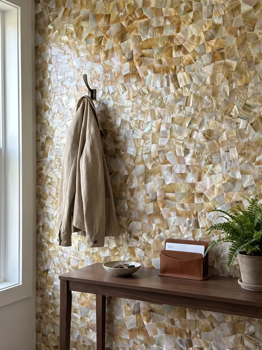 Entryway wall clad in golden shell mother of pearl with a narrow console: a mosaic of golden and white mother of pearl with iridescent highlights
